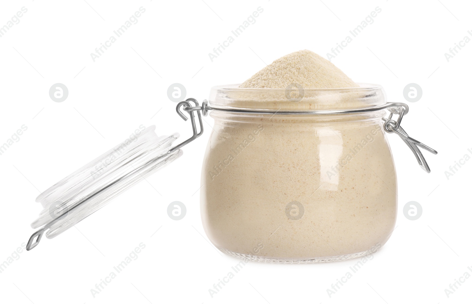 Photo of Uncooked organic semolina in jar isolated on white