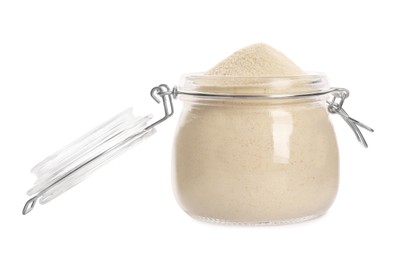 Photo of Uncooked organic semolina in jar isolated on white