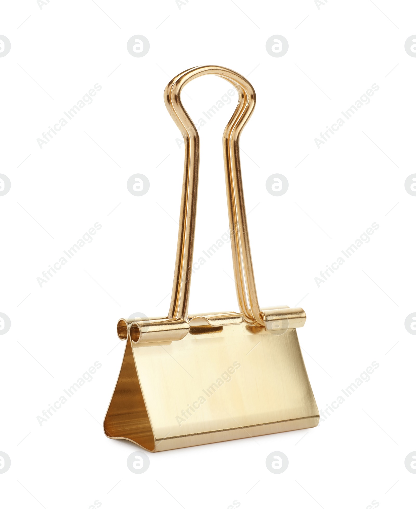 Photo of Golden binder clip isolated on white. Stationery item