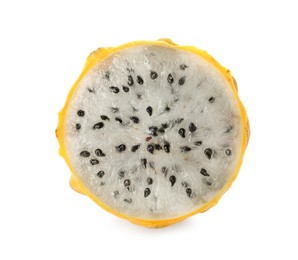 Delicious cut yellow pitahaya fruit isolated on white
