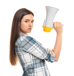 Photo of Young woman with megaphone on white background