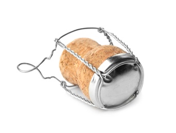 Photo of Champagne cork with wire cage isolated on white