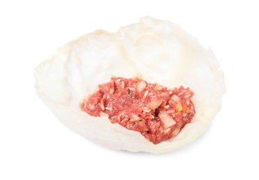 Photo of Preparing stuffed cabbage roll on white background