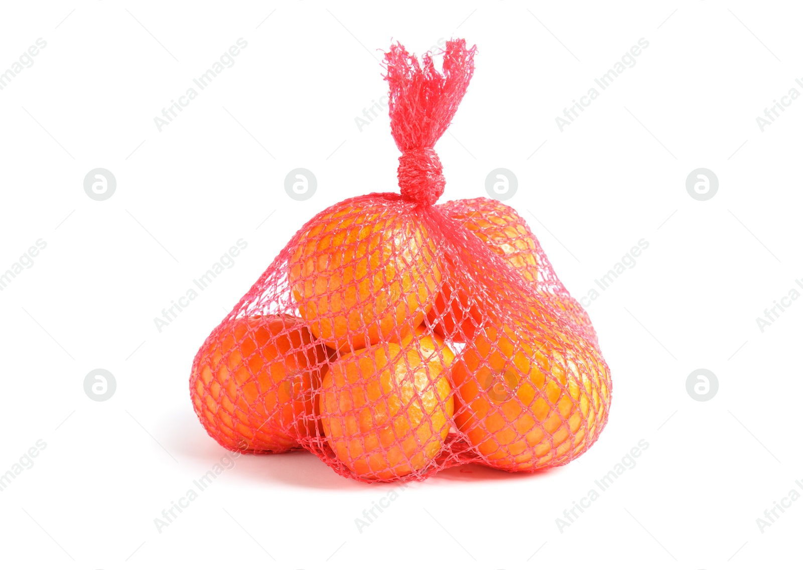 Photo of Mesh bag with tangerines on white background