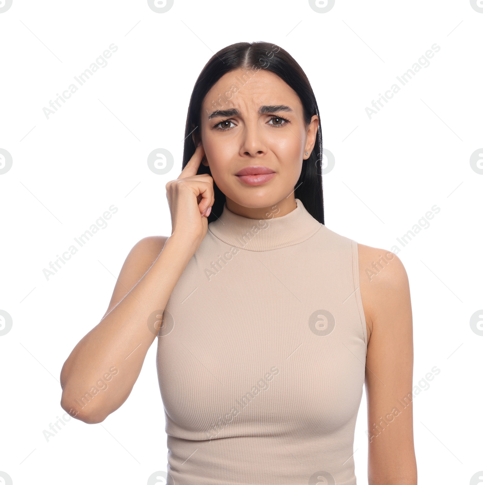 Photo of Young woman suffering from ear pain on white background