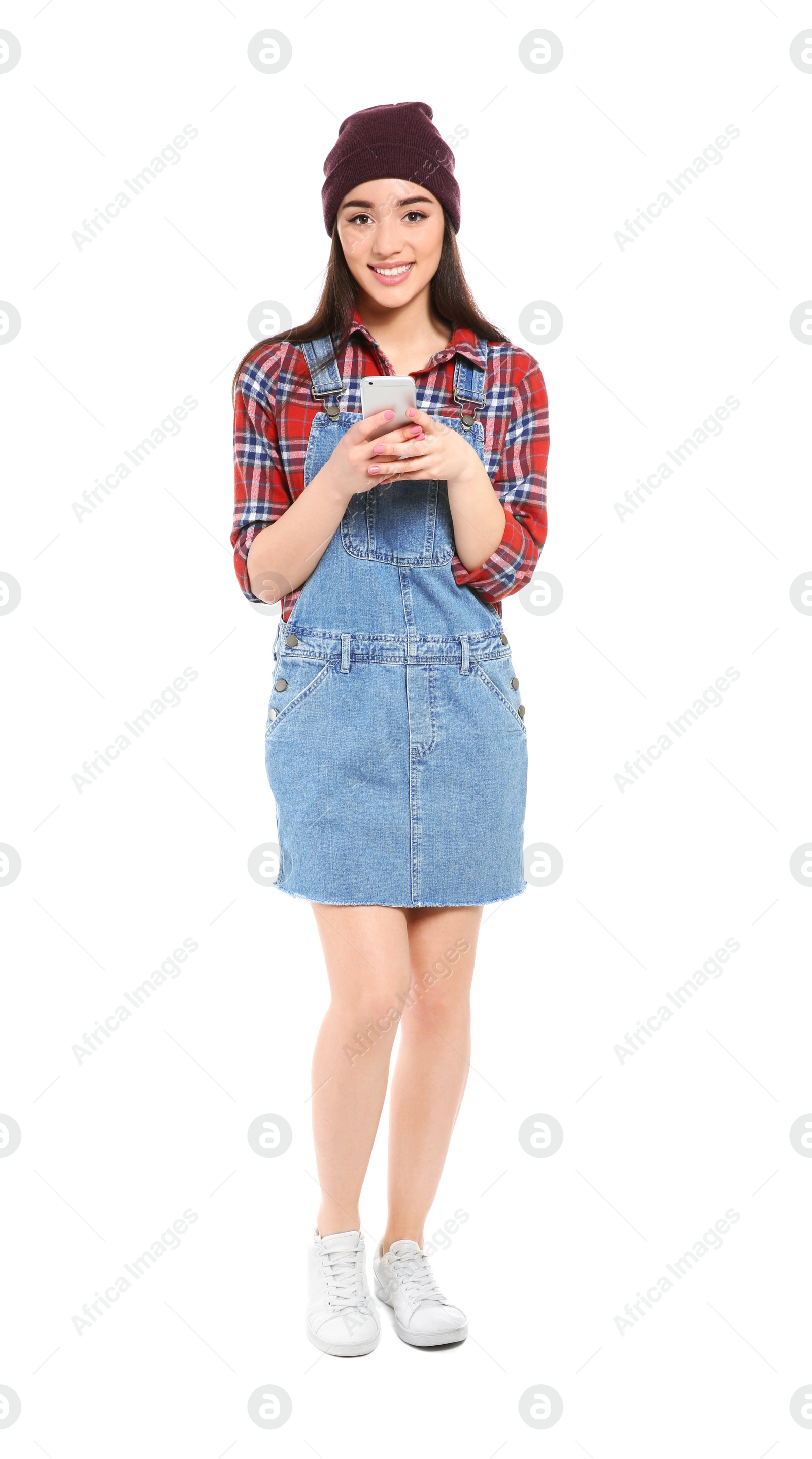 Photo of Attractive young woman using mobile phone on white background