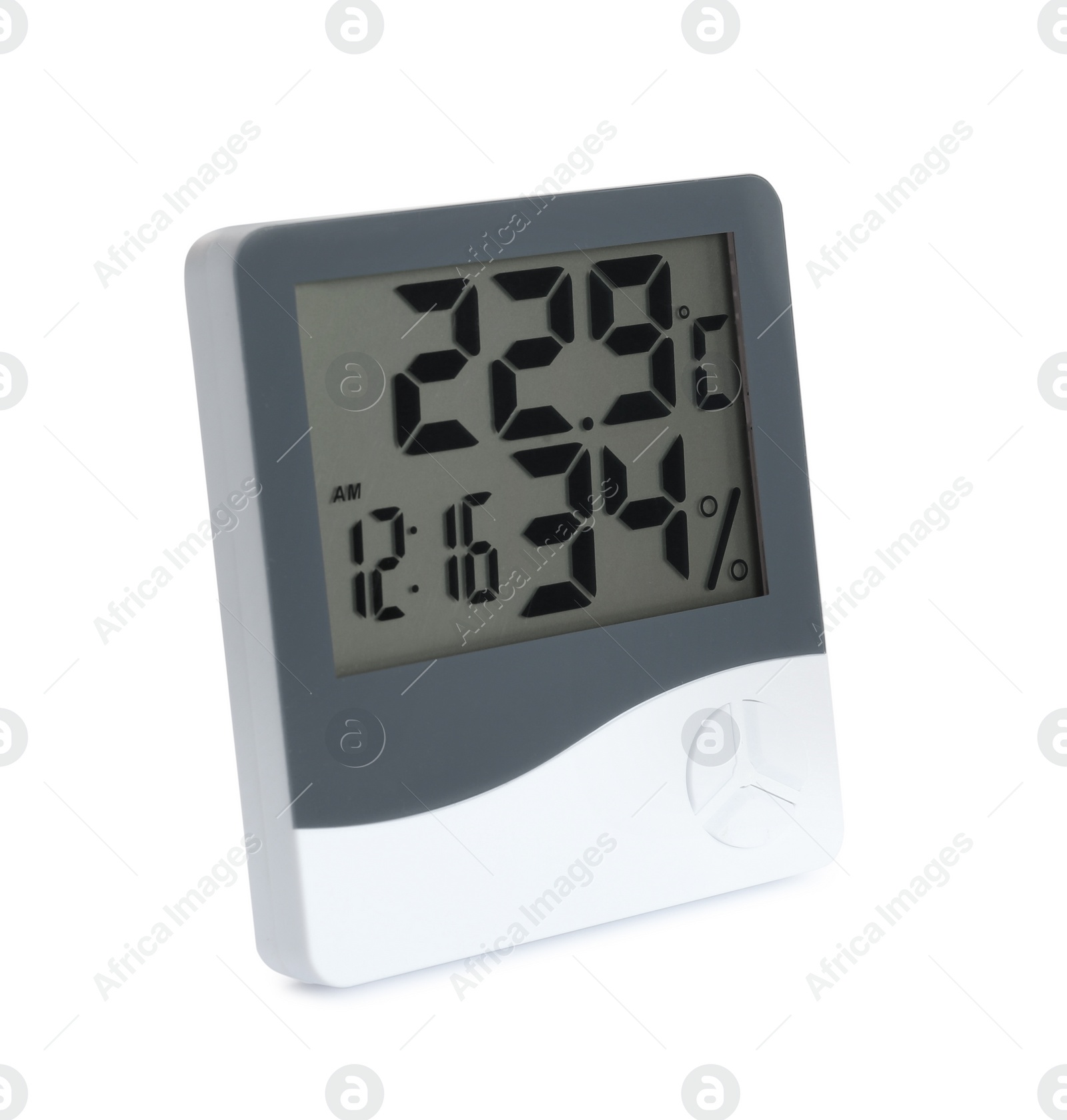 Photo of Digital hygrometer and thermometer with clock isolated on white