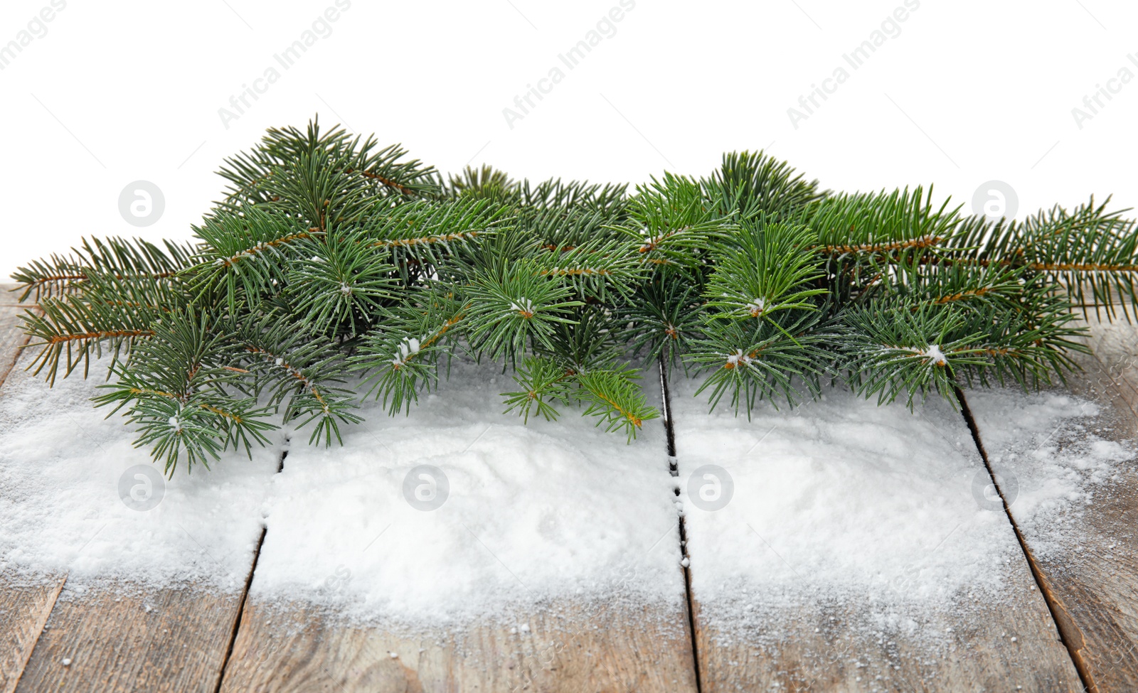 Photo of Christmas tree branches and snow on table against white background