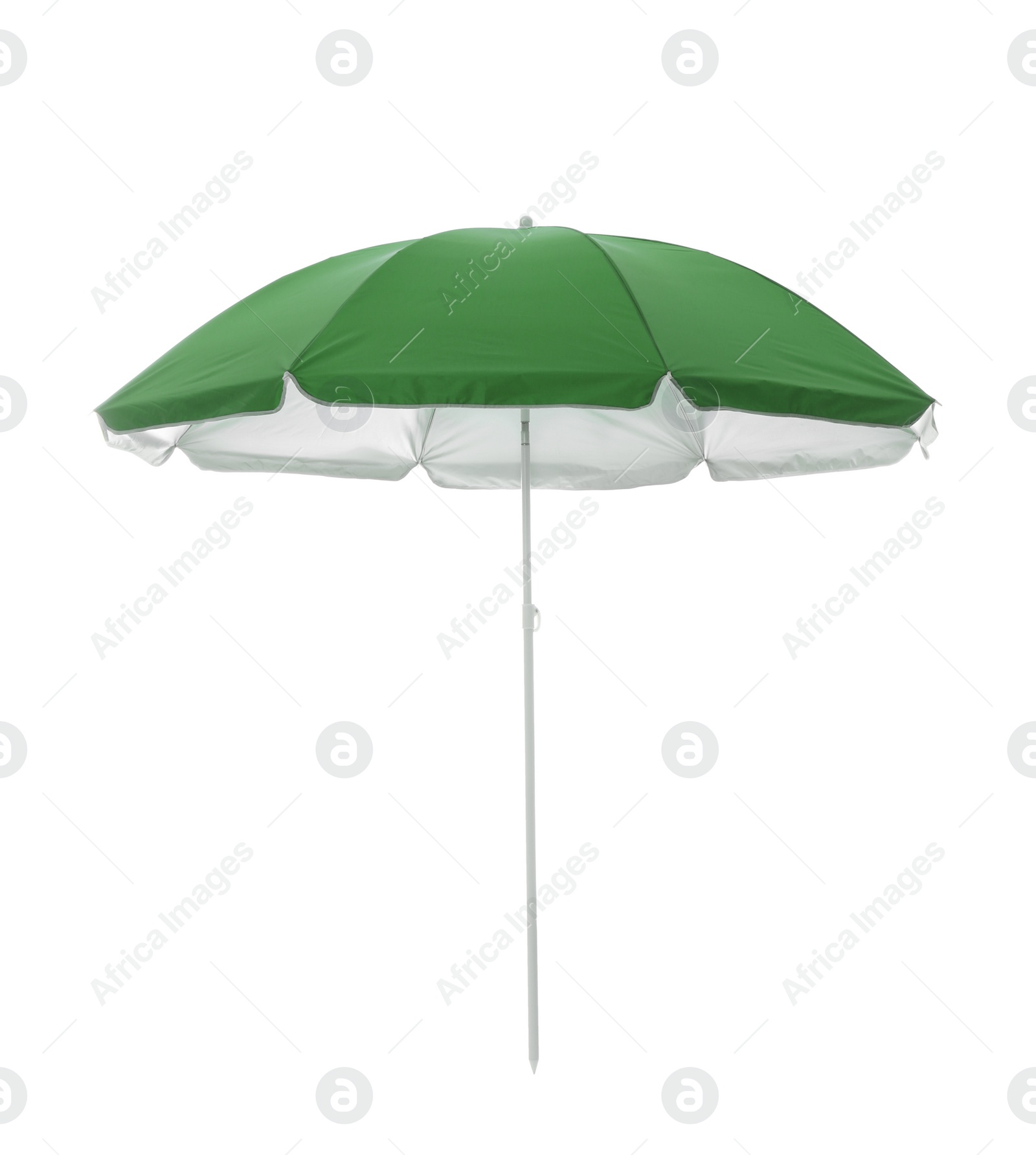 Photo of Open green beach umbrella isolated on white