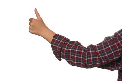 Photo of Woman hitchhiking on white background, closeup view