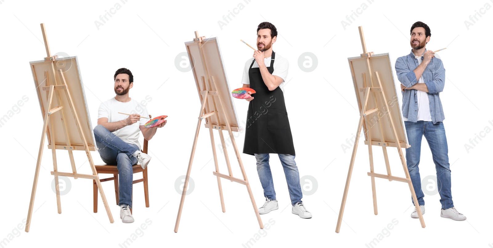 Image of Collage with photos of painter near easel on white background