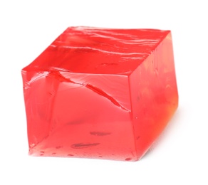 Photo of Delicious red jelly cube on white background