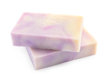 Hand made soap bars on white background