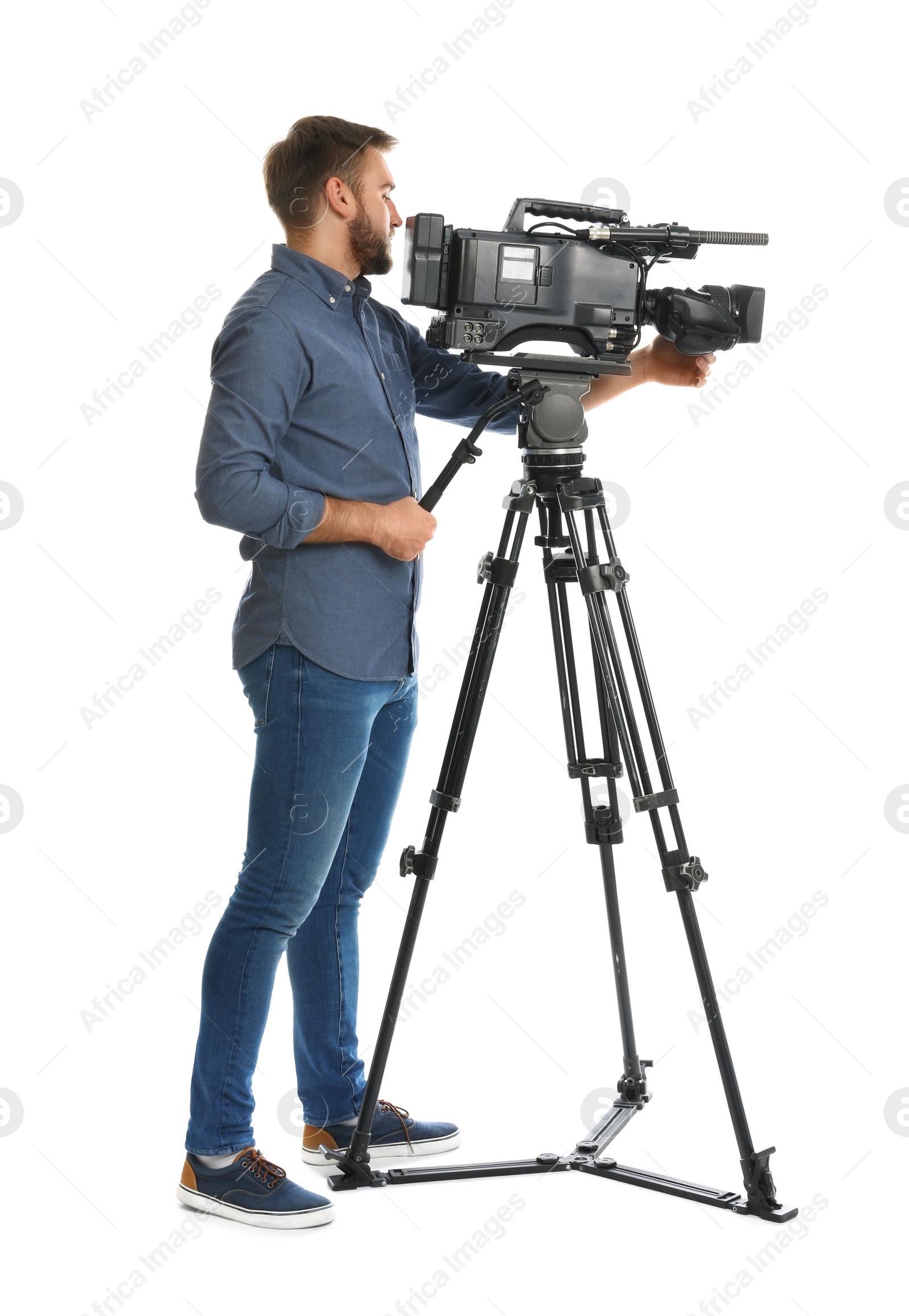 Photo of Operator with professional video camera on white background