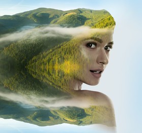 Image of Double exposure of beautiful woman and foggy mountains