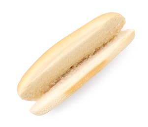 Photo of One fresh hot dog bun isolated on white, top view