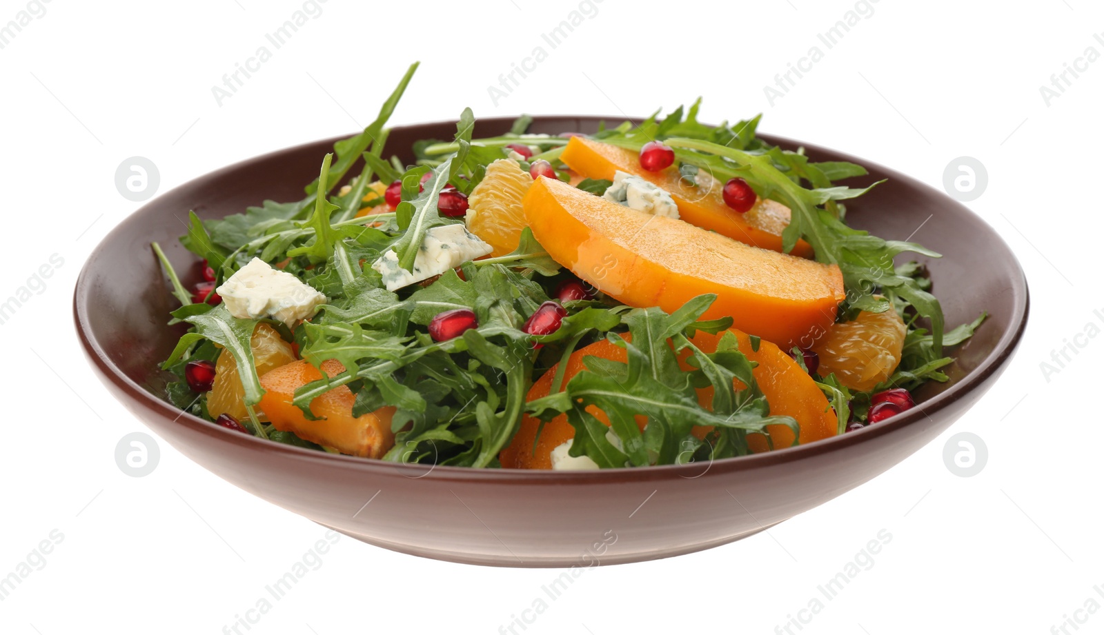 Photo of Delicious persimmon salad with blue cheese and pomegranate isolated on white