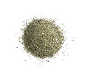 Photo of Pile of aromatic dry dill on white background, top view