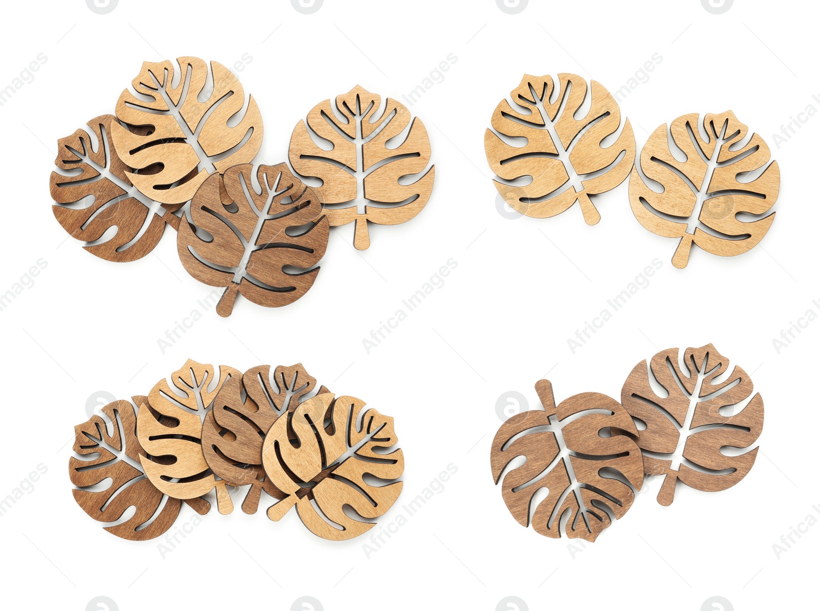 Image of Set with stylish wooden cup coasters on white background, top view