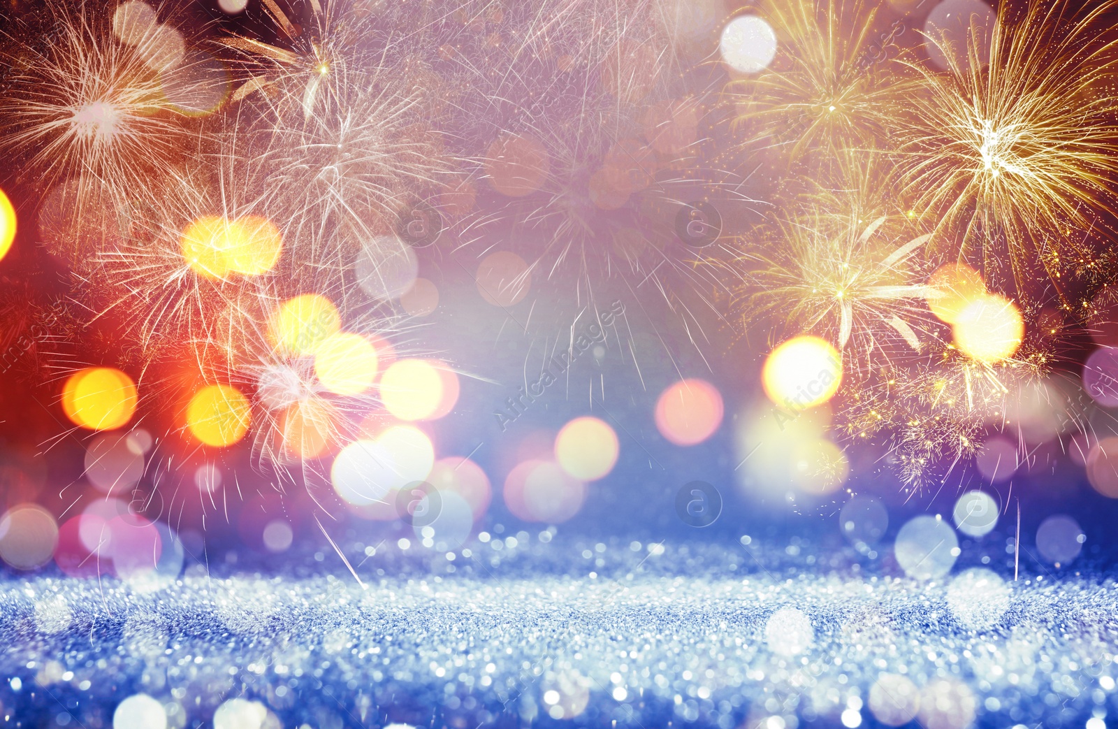 Image of 4th of July - Independence Day of USA. Festive background with fireworks and glitters, bokeh effect