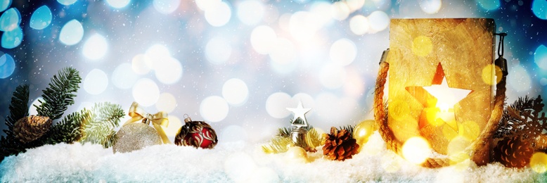 Composition with wooden Christmas lantern on snow against color background, banner design. Bokeh effect