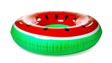 Photo of Bright inflatable ring on white background. Summer holidays