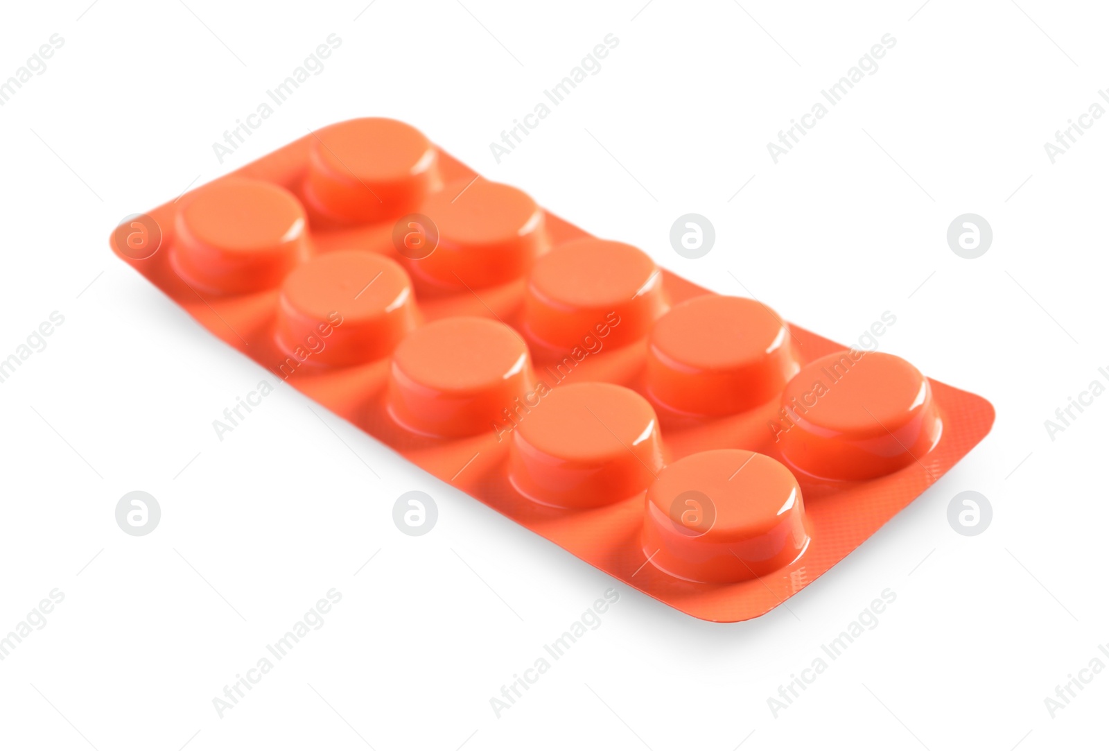 Photo of Blister of pills on white background. Medicinal treatment
