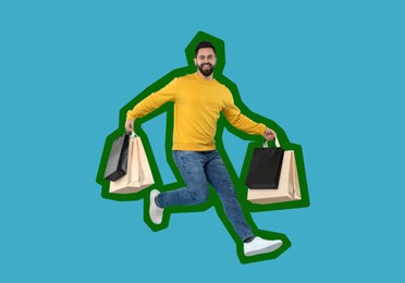 Image of Happy man with shopping bags jumping on light blue background