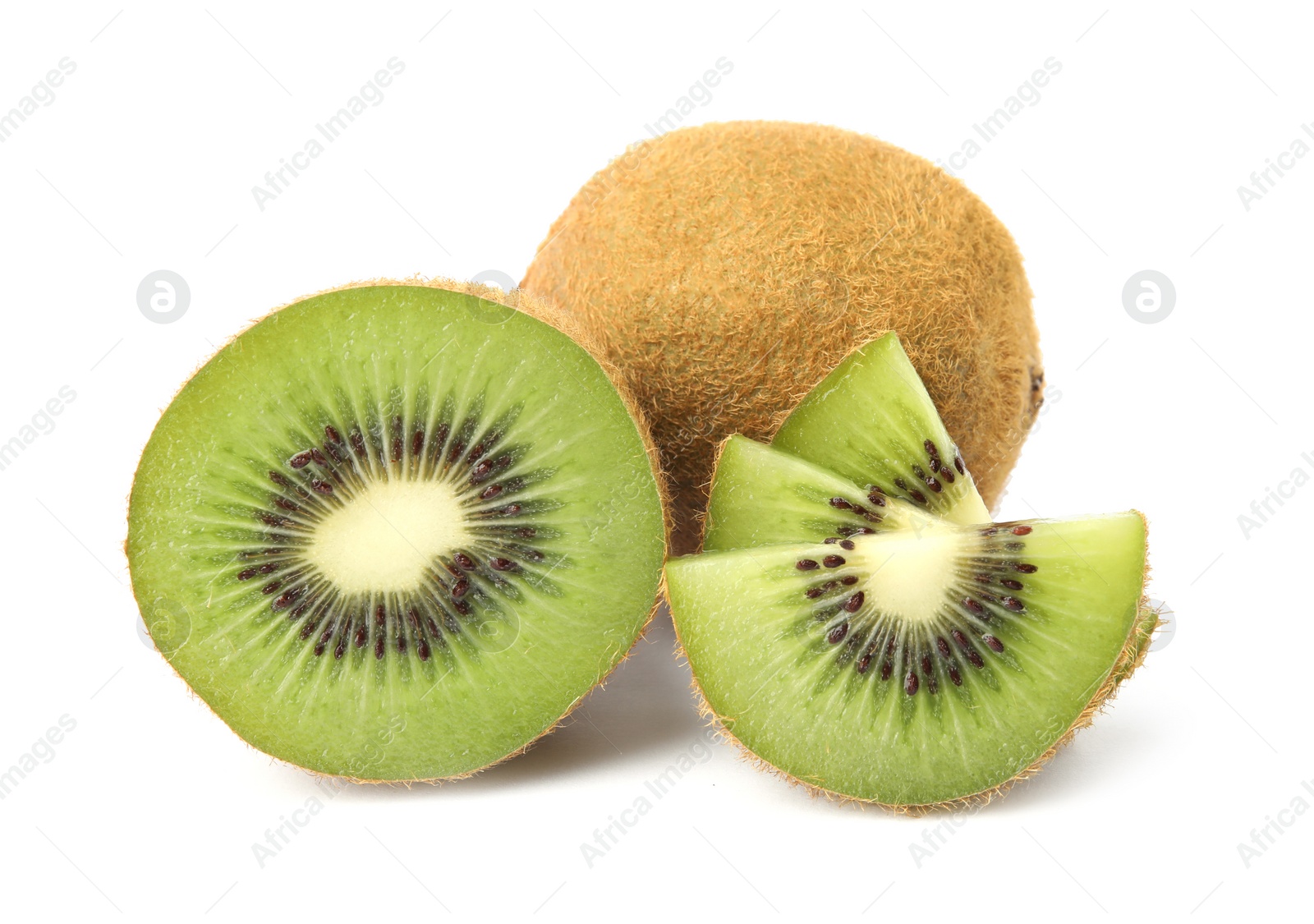 Photo of Cut and whole fresh kiwis on white background