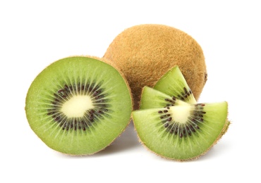 Photo of Cut and whole fresh kiwis on white background