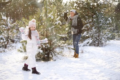 Father and daughter having snowball fight outdoors on winter day. Christmas vacation