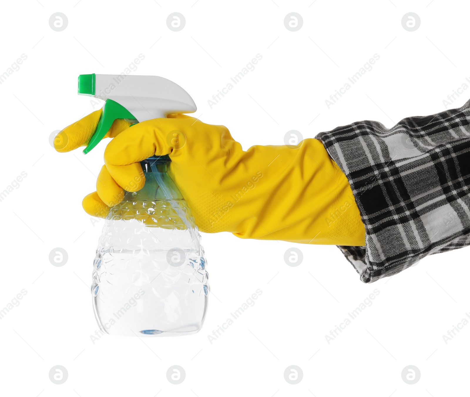 Photo of Woman holding plastic spray bottle with liquid isolated on white, closeup