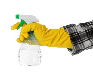 Woman holding plastic spray bottle with liquid isolated on white, closeup