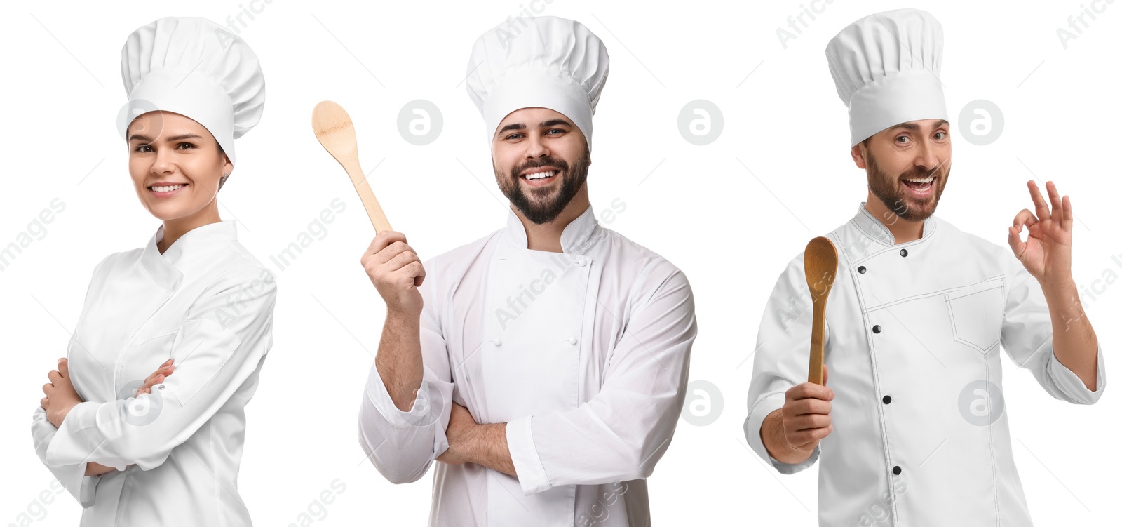 Image of Chefs in uniforms on white background, set with photos