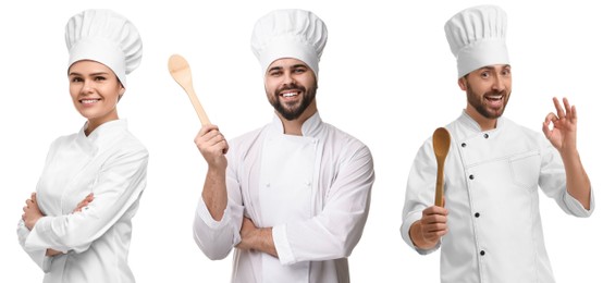 Chefs in uniforms on white background, set with photos