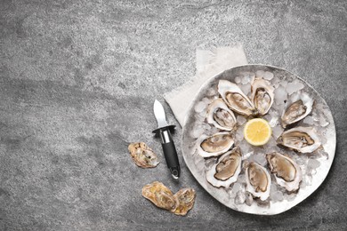 Delicious fresh oysters with lemon served on grey table, flat lay. Space for text