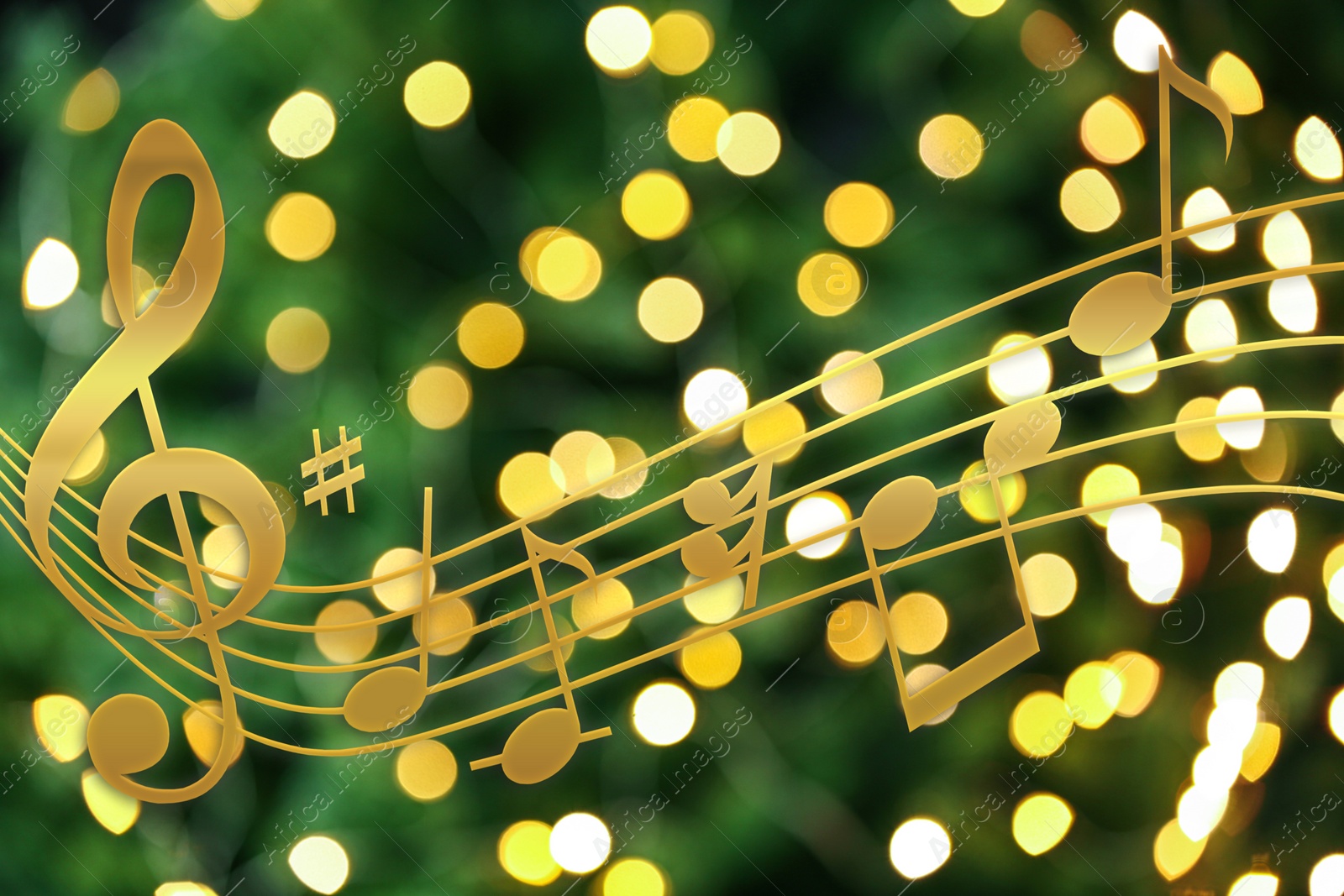 Image of Music notes on blurred background, bokeh effect. Christmas and New Year melody