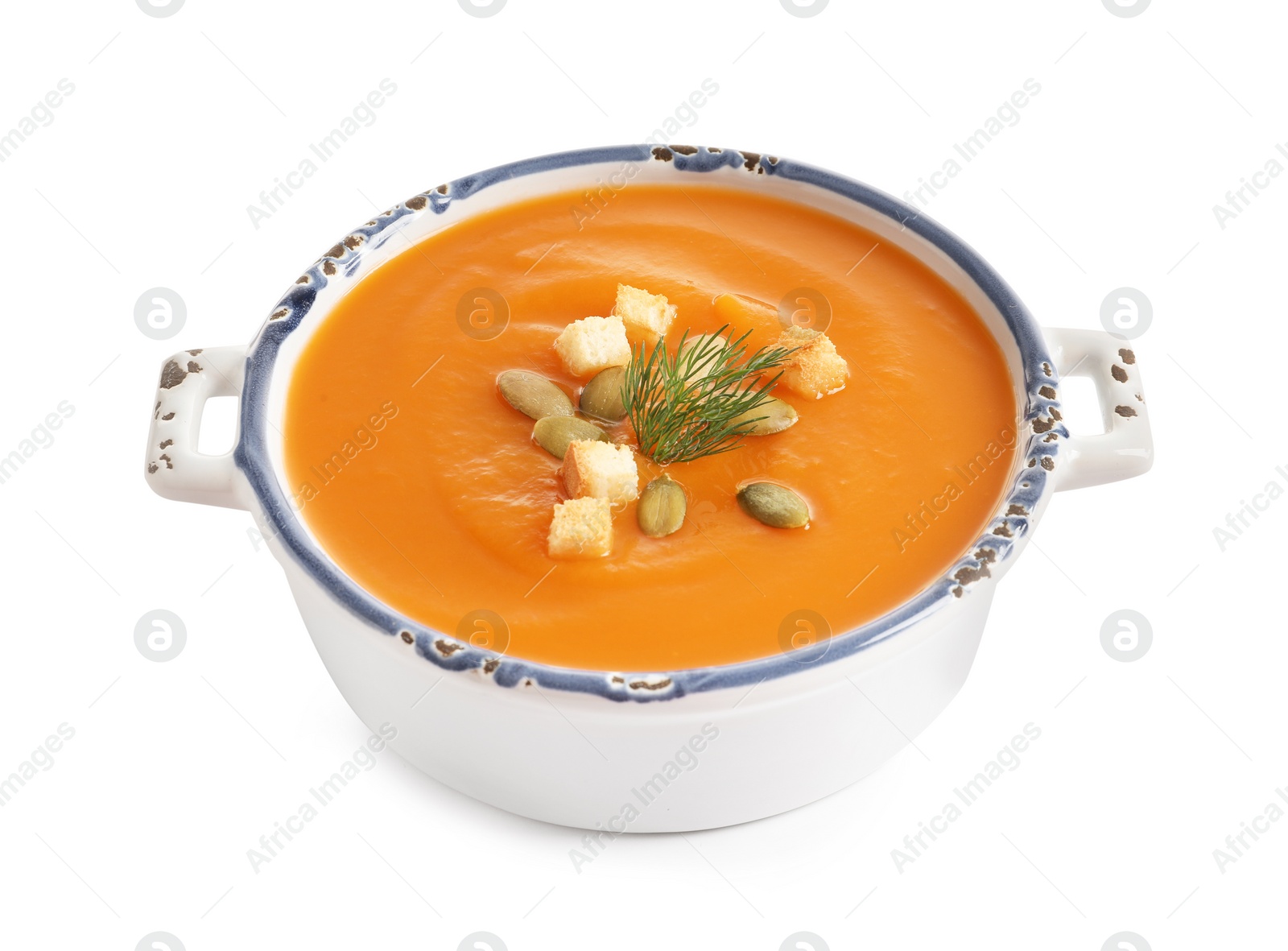 Photo of Bowl of tasty sweet potato soup isolated on white