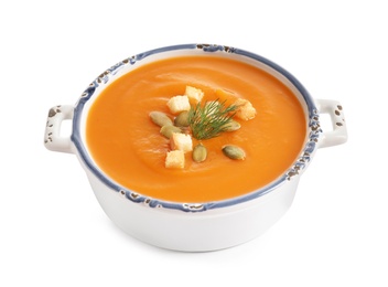 Bowl of tasty sweet potato soup isolated on white