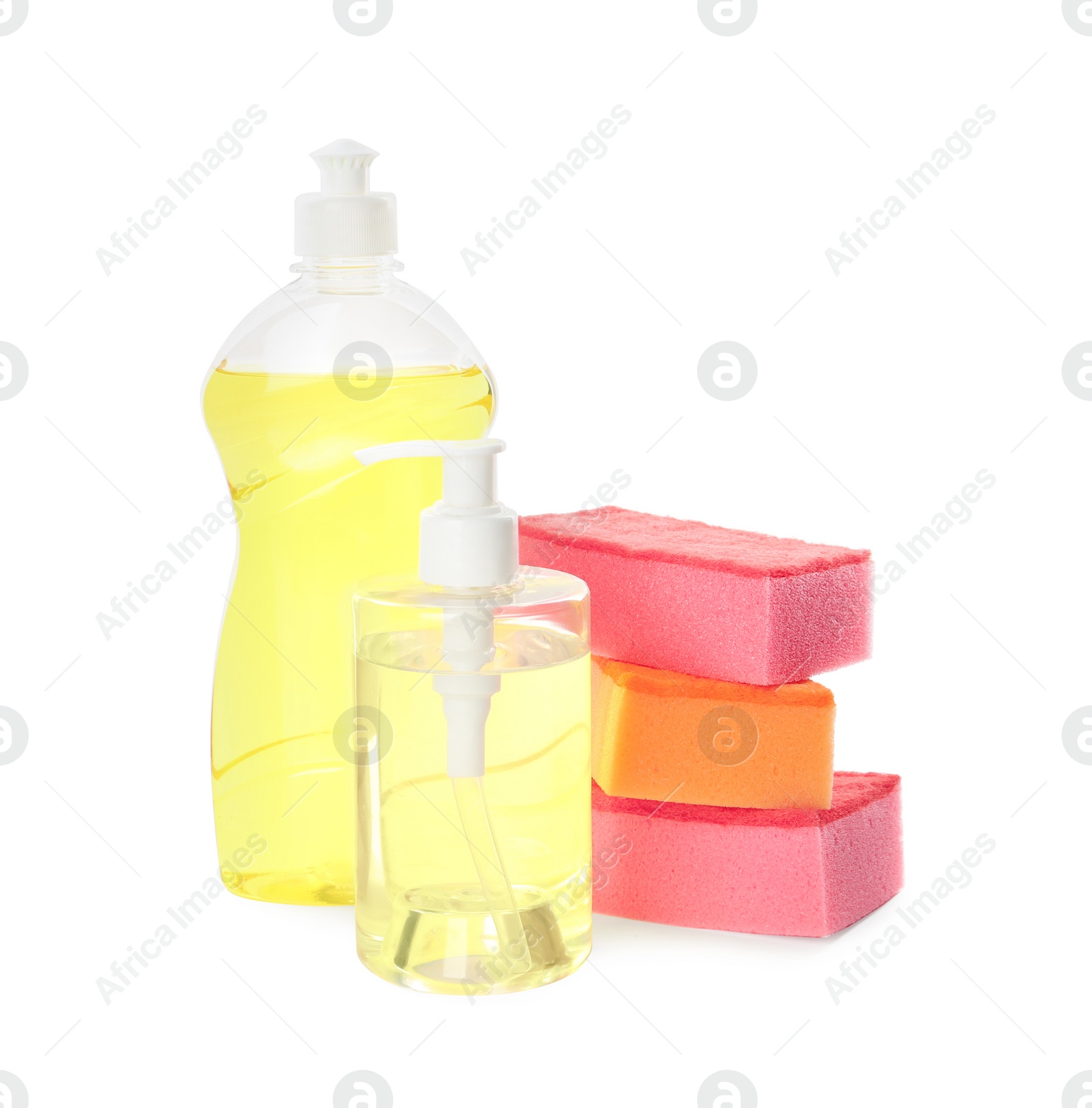 Photo of Cleaning supplies and sponges for dish washing on white background