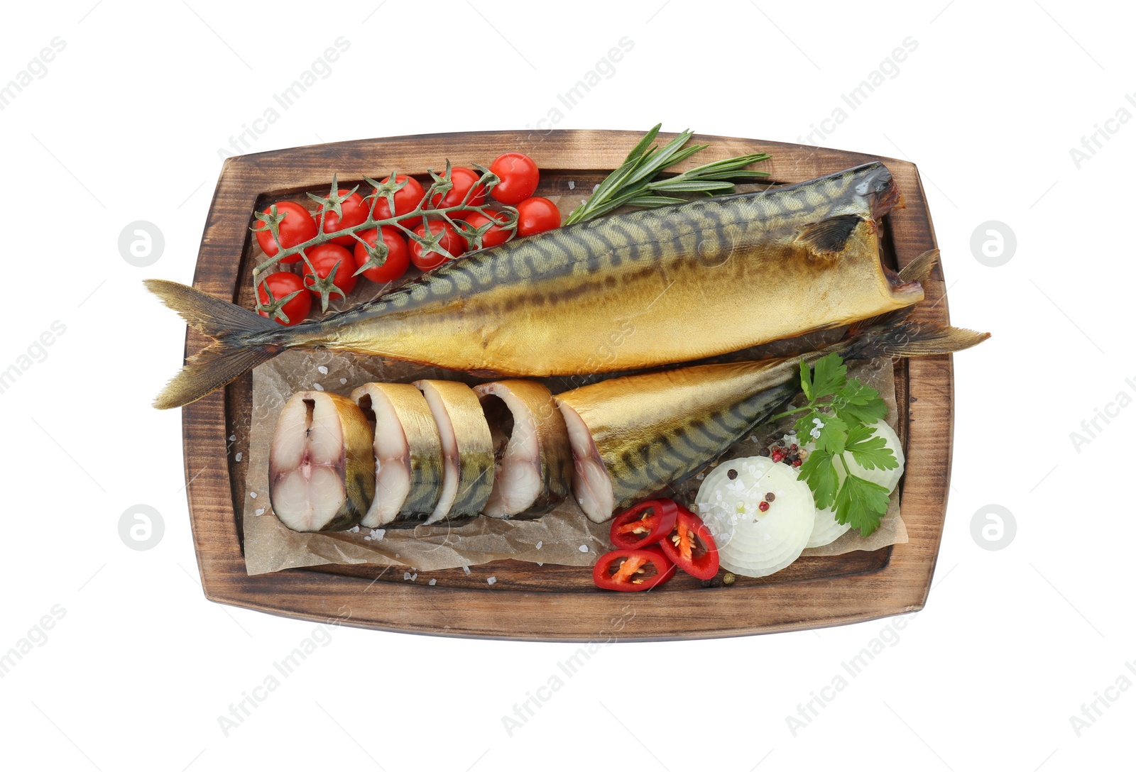 Photo of Delicious smoked mackerels and products on white background, top view