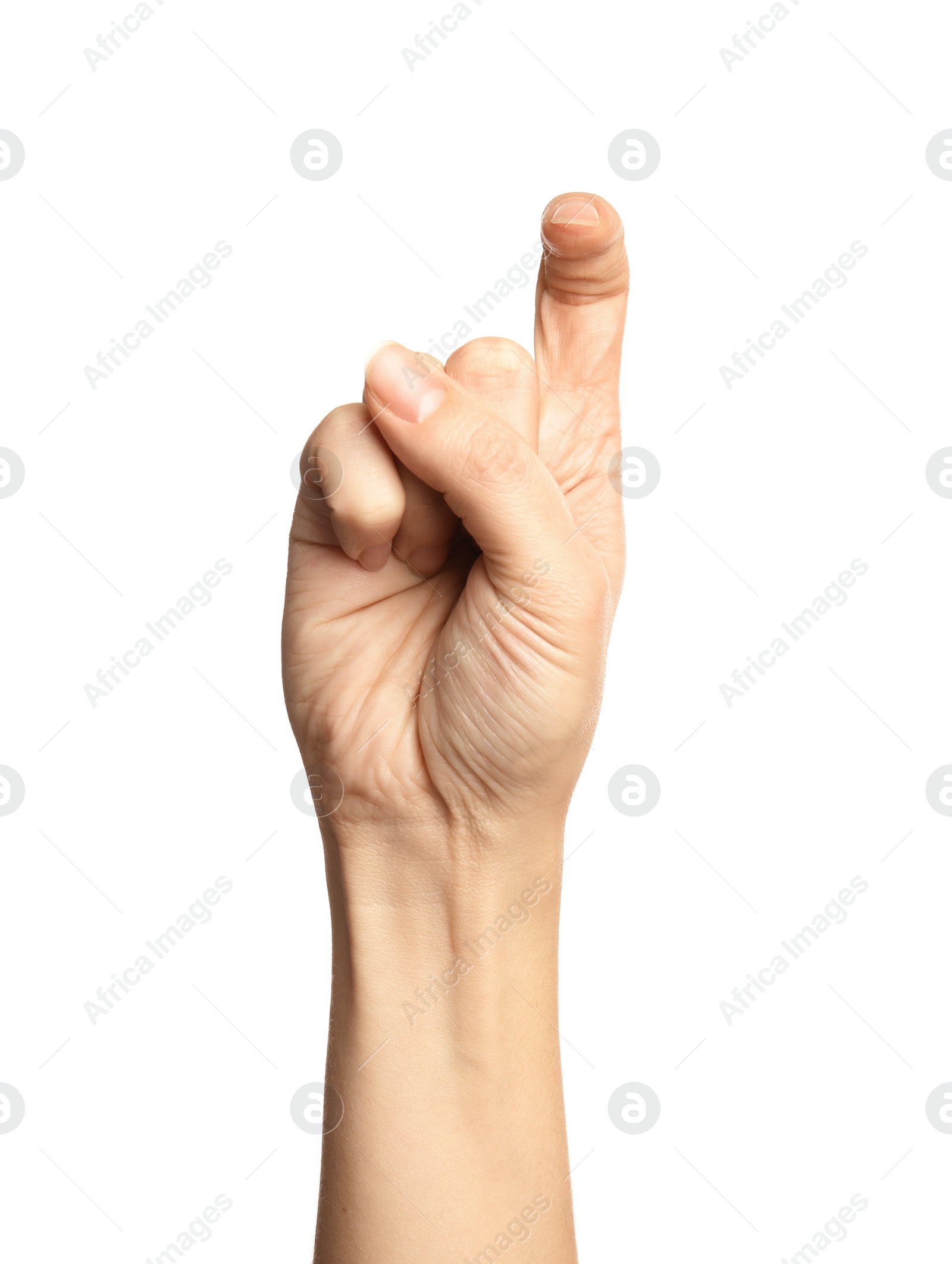 Photo of Woman showing X letter on white background, closeup. Sign language