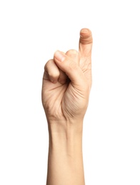 Photo of Woman showing X letter on white background, closeup. Sign language