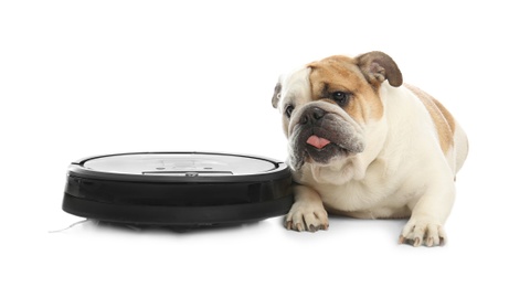 Photo of Robotic vacuum cleaner and adorable dog on white background