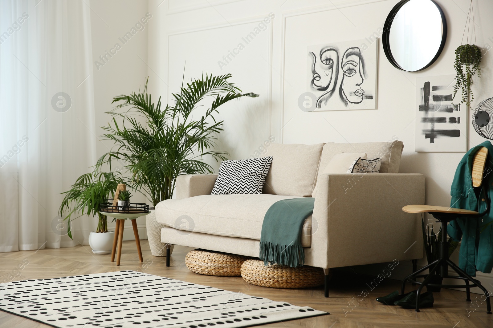 Photo of Stylish living room interior with beautiful house plants