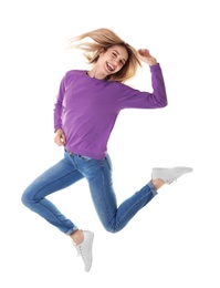 Photo of Full length portrait of pretty woman jumping on white background