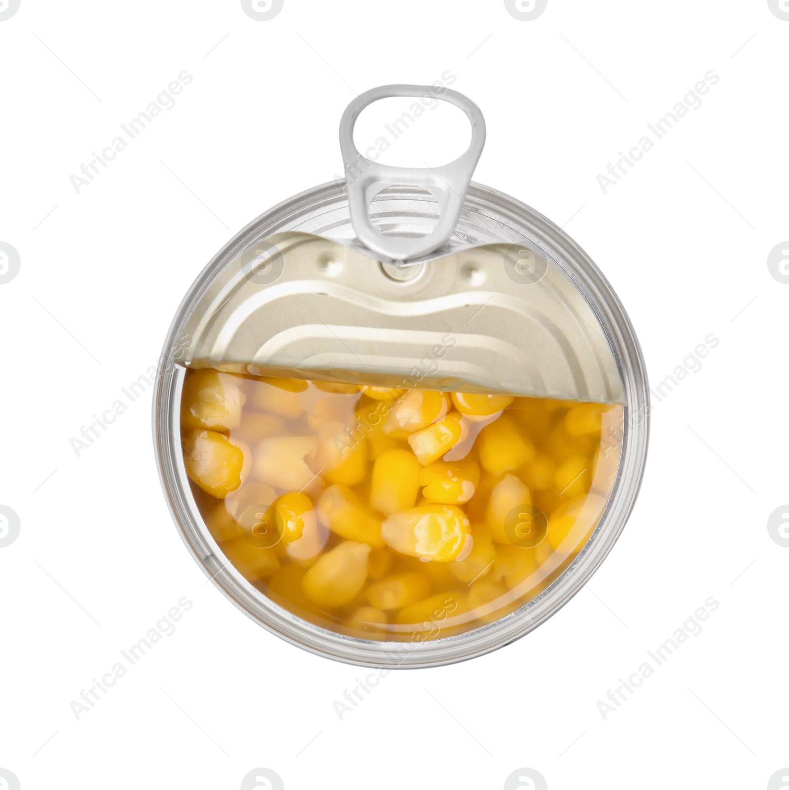 Photo of Open tin can of corn kernels isolated on white, top view