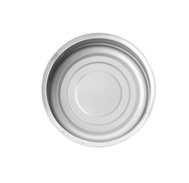 Empty aluminum can on white background, top view. Metal waste recycling