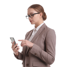 Young businesswoman with mobile phone on white background