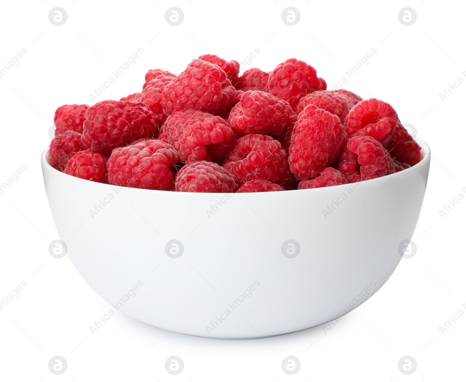 Photo of Bowl of delicious fresh ripe raspberries on white background